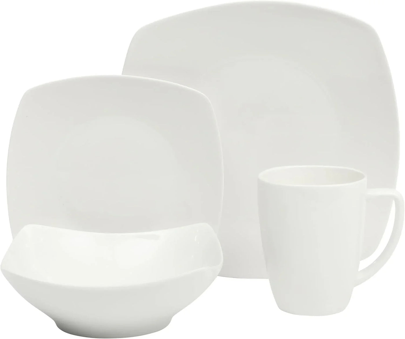 Zen Buffet White Porcelain Dinnerware Set for 4, Square Plates Bowls and Mugs, Chip and Scratch Resistant, Dishwasher and Microwave Safe, 16 Piece