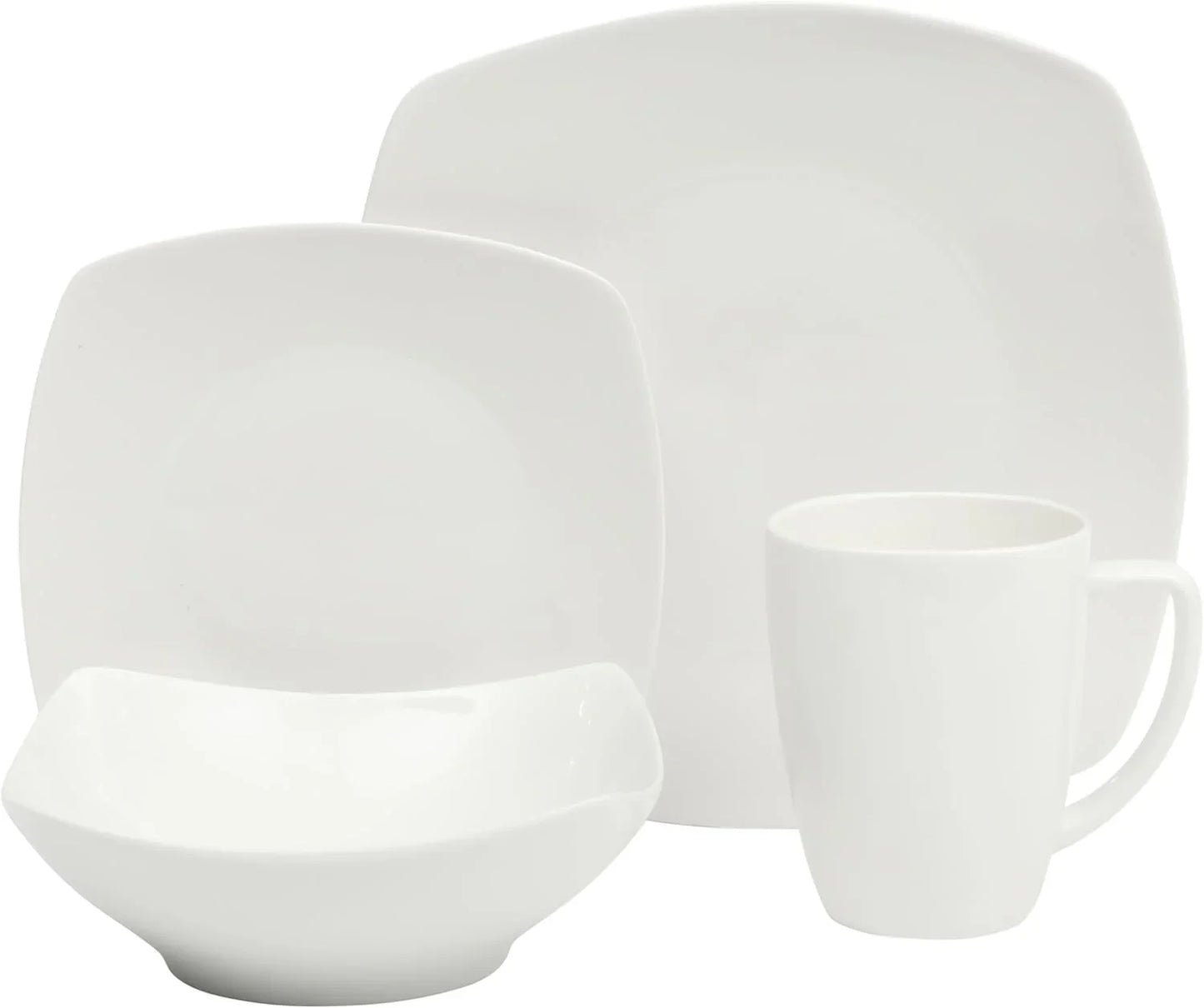 Zen Buffet White Porcelain Dinnerware Set for 4, Square Plates Bowls and Mugs, Chip and Scratch Resistant, Dishwasher and Microwave Safe, 16 Piece