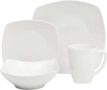 Zen Buffet White Porcelain Dinnerware Set for 4, Square Plates Bowls and Mugs, Chip and Scratch Resistant, Dishwasher and Microwave Safe, 16 Piece