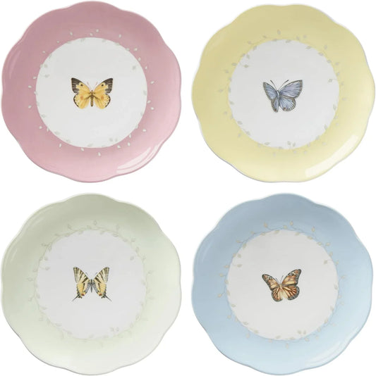 Dessert Plate Set,  Butterfly Meadow Collection 4-Piece Dessert Porcelain Plates Set, Service for 4, Dishwasher & Microwavable Plate, Small Plates, 8 X 8-Inch, Spring Dishes (4 Piece)