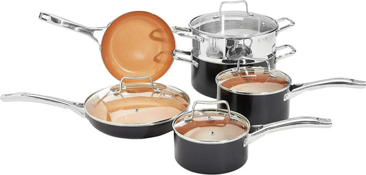 Ceramic Nonstick Cookware Set, Induction Ready, Dishwasher & Oven Safe, Even Heating, 10-Piece Set with Frying Pans, Saucepans, Glass Lids, Copper Color