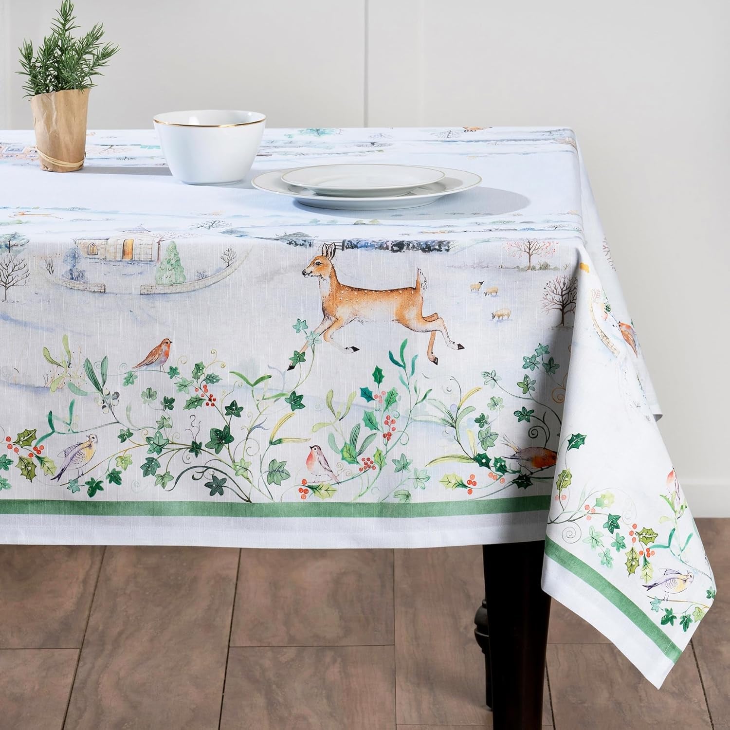 Table Cloth Rectangle Table 100% Cotton 60 X 108 Inches Fall Tablecloth Reusable Everyday Use for Thanksgiving Christmas Decorations Dining Farmhouse Party (Snowy World)