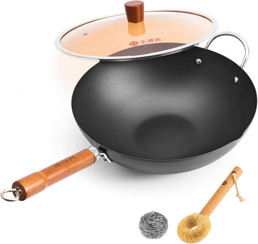 12.6" Carbon Steel Wok with Lid, Nitrided Rust-Resistant Stir Fry Pan, Traditional Uncoated Flat Bottom Chinese Wok for Induction and Gas Stoves, Heavy Duty Cookware (4.2 Qt)