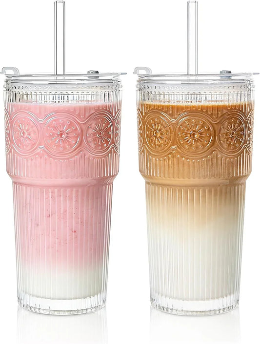 20Oz Ribbed & Floral Glass Tumbler Set of 2 – Reusable Glass Cups with Lid and Glass Straw, Iced Coffee Cups for Water, Smoothie, Milk, Cocktail & More – Perfect for Daily Use & Travel