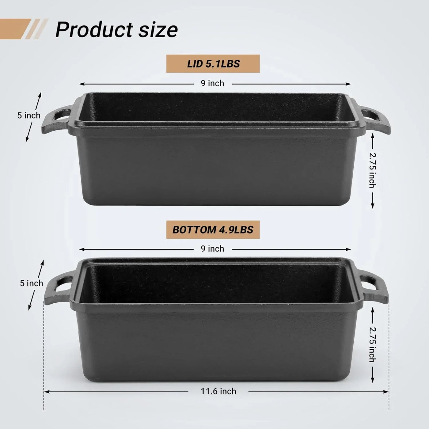 9×5 Inch Cast Iron Loaf Pan with Lid | Bread Baking Pan | Even Heat Distribution for Homemade Bread, Cake, and Meatloaf | 2 Piece Set