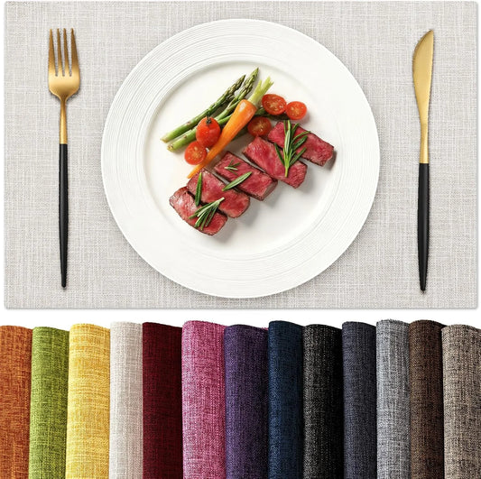 Placemats Set of 6, Dual-Layer Thickened Faux Linen Table Mats, Heat Resistant & Wrinkle-Free, Machine Washable Cloth Place Mats for Kitchen Dining Indoor Outdoor (Cream)