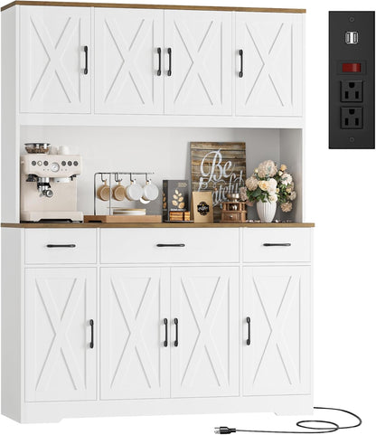 71" Tall Pantry Cabinet with Charging Station, 55" Wide Kitchen Pantry Storage Cabinet with Countertop, Large Kitchen Hutch with Storage Drawers and Microwave Stand for Dining Room, White