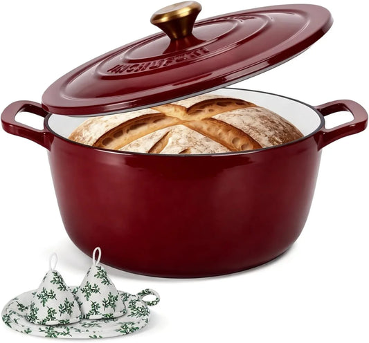 Cast Iron Dutch Oven with Lid - 5 Quart Enameled Dutch Oven for Sourdough Bread Baking, Pre-Seasoned Pot Oven Safe