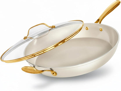 14 Inch Nonstick Frying Pan with Lid, Large Ceramic Skillet for Family, Non Toxic PFOA PFOS PFAS Free, Oven & Dishwasher Safe 500°F, Even Heat Distribution, Cream