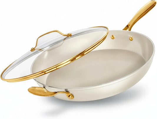 14 Inch Nonstick Frying Pan with Lid, Large Ceramic Skillet for Family, Non Toxic PFOA PFOS PFAS Free, Oven & Dishwasher Safe 500°F, Even Heat Distribution, Cream