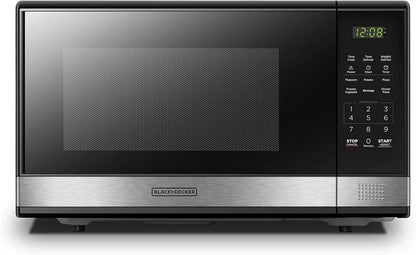 EM031MB11 Digital Microwave Oven with Turntable Push-Button Door, Child Safety Lock, 1000W, 1.1Cu.Ft, Black & Stainless Steel, 1.1 Cu.Ft