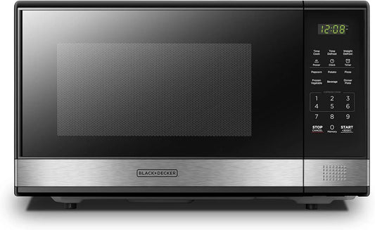 EM031MB11 Digital Microwave Oven with Turntable Push-Button Door, Child Safety Lock, 1000W, 1.1Cu.Ft, Black & Stainless Steel, 1.1 Cu.Ft