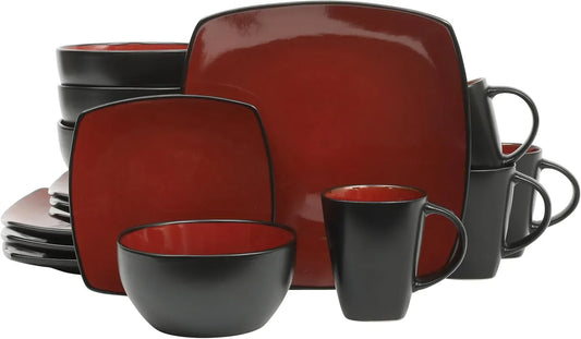 Soho Lounge Square 16-Piece Dinnerware Set, Service for 4, Reactive Glaze Stoneware Plates and Bowls, Modern Dishes, Microwave & Dishwasher Safe – Red and Black