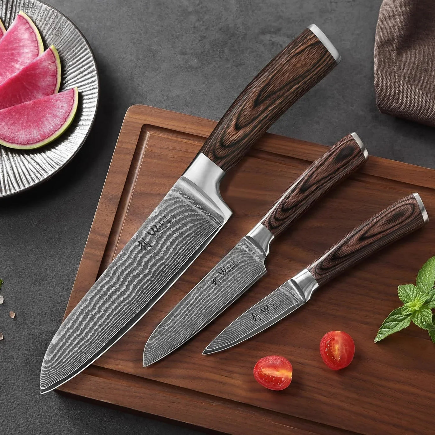 EDIB 3-Piece Damascus Kitchen Knife Set in Wooden Gift Box, Razor Sharp Genuine Damascus Steel (VG10 Core), Includes Santoku, Small Santoku and Paring Knife, Ergonomic Pakkawood Handle