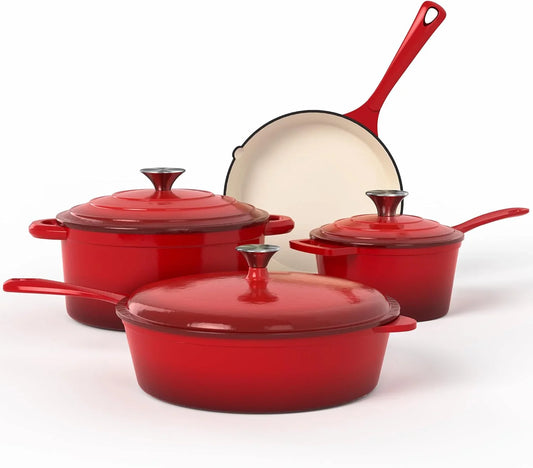 Enameled Cast Iron Cookware Sets - 7Pcs Pots and Pans Set Non Toxic, Induction Dutch Oven Set, PFOA&PFAS Free