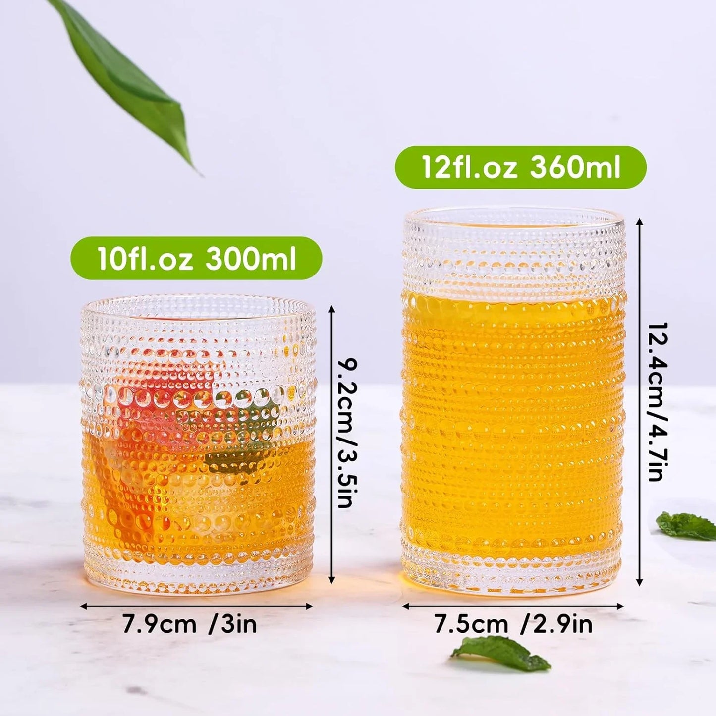 Hobnail Drinking Glasses Set of 12, 12 Oz Highball Glasses & 10 Oz Cocktail Glasses, Clear Embossed Boho Glass Cups Kitchen Bar Tumbler Glassware Set for Whiskey, Beer, Juice, Milk