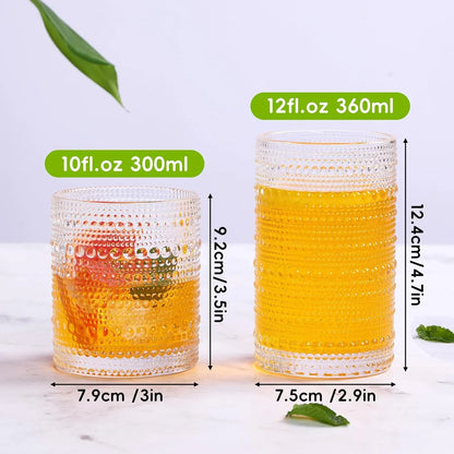 Hobnail Drinking Glasses Set of 12, 12 Oz Highball Glasses & 10 Oz Cocktail Glasses, Clear Embossed Boho Glass Cups Kitchen Bar Tumbler Glassware Set for Whiskey, Beer, Juice, Milk