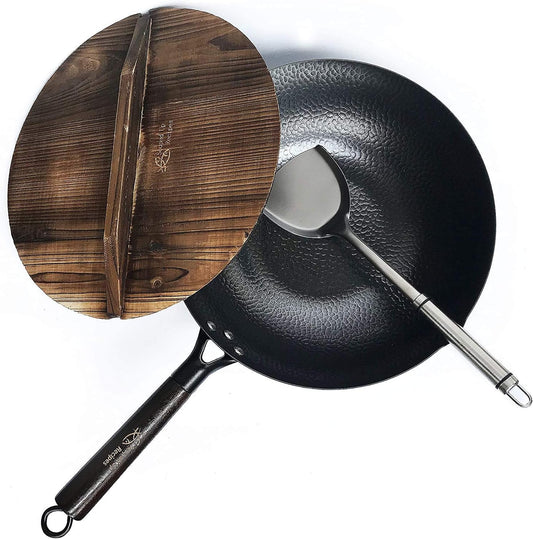 12.5 Inch Carbon Steel Wok for Electric, Induction and Gas Stoves (Lid, Spatula and User Guide Video Included)