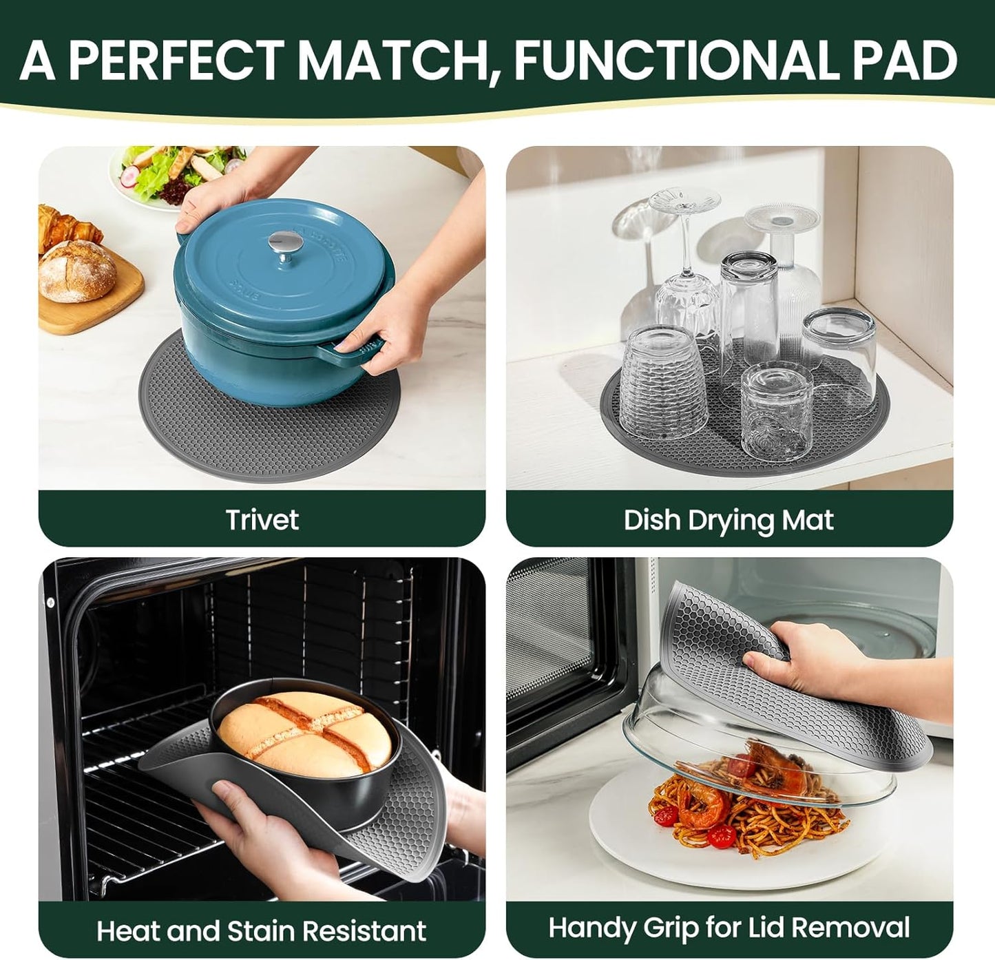 2 in 1, Glass Microwave Splatter Cover for Food & Microwave Place Mat, Plate Splatter Guard Lid with Easy Grip Silicone Handle Knob, Borosilicate Glass with Vent Hole, Food Grade, No Plastic, 10In