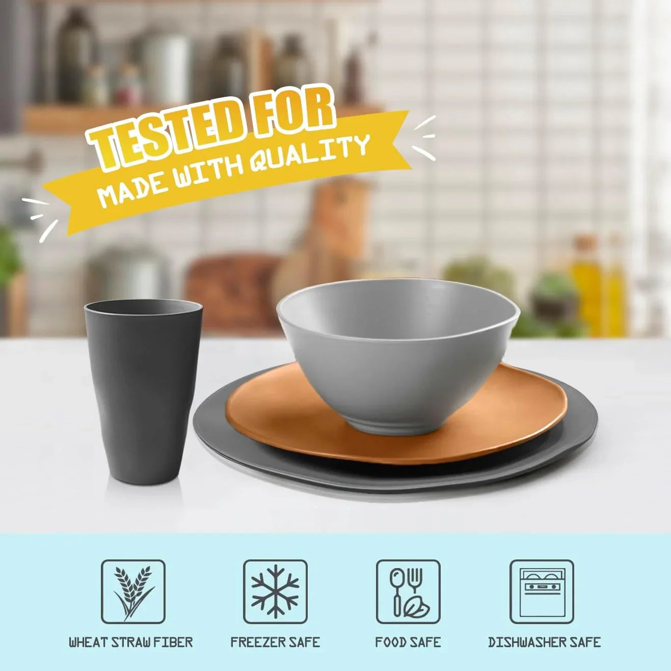 32-Piece Kitchen Plastic Wheat Straw Dinnerware Set, Service for 8, Dinner Plates, Dessert Plate, Cereal Bowls, Cups, Unbreakable Plastic Outdoor Camping Dishes, Smoky Brown
