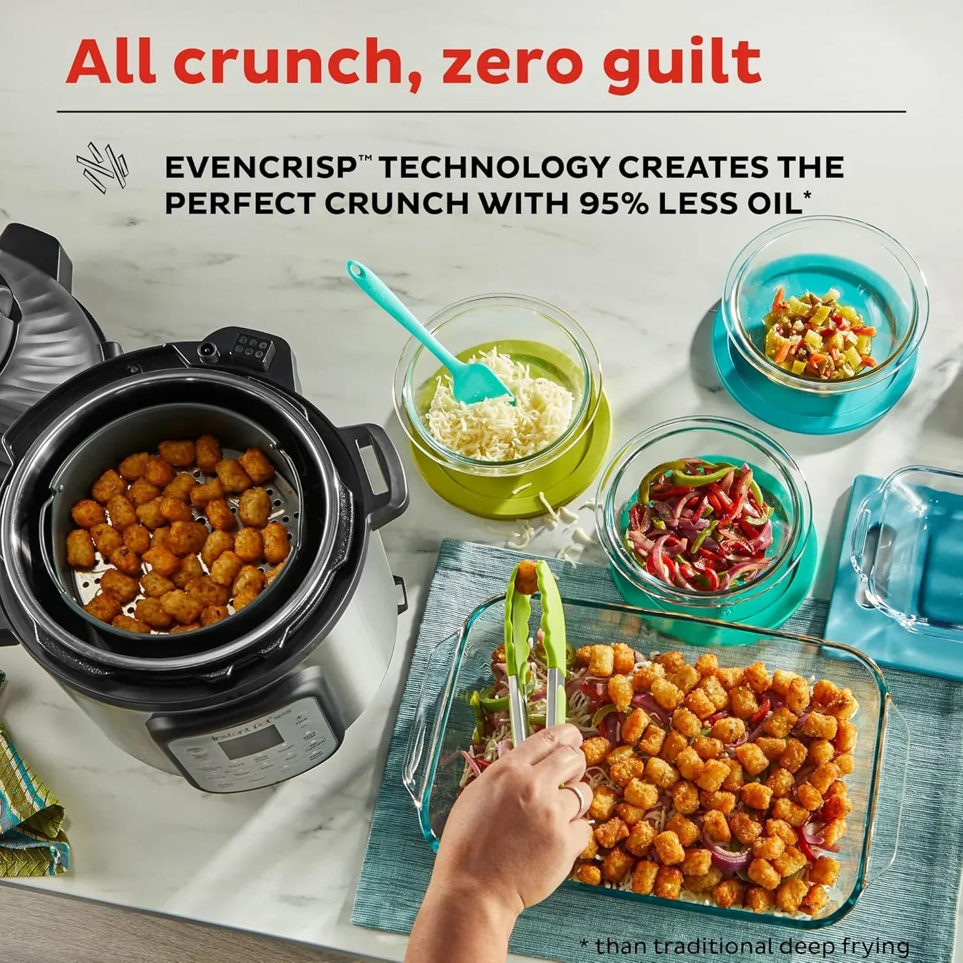 Crispy tater tots in Instant Pot with EvenCrisp tech, less oil, served with cheese and veggies
