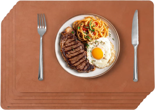 Placemats Set of 6 - Easy Clean Washable PU Leather Place Mats for Dining Table, 12 X 18 Inch Heat Resistant Non-Slip Table Mats for Kitchen, Indoor, Outdoor, Brown