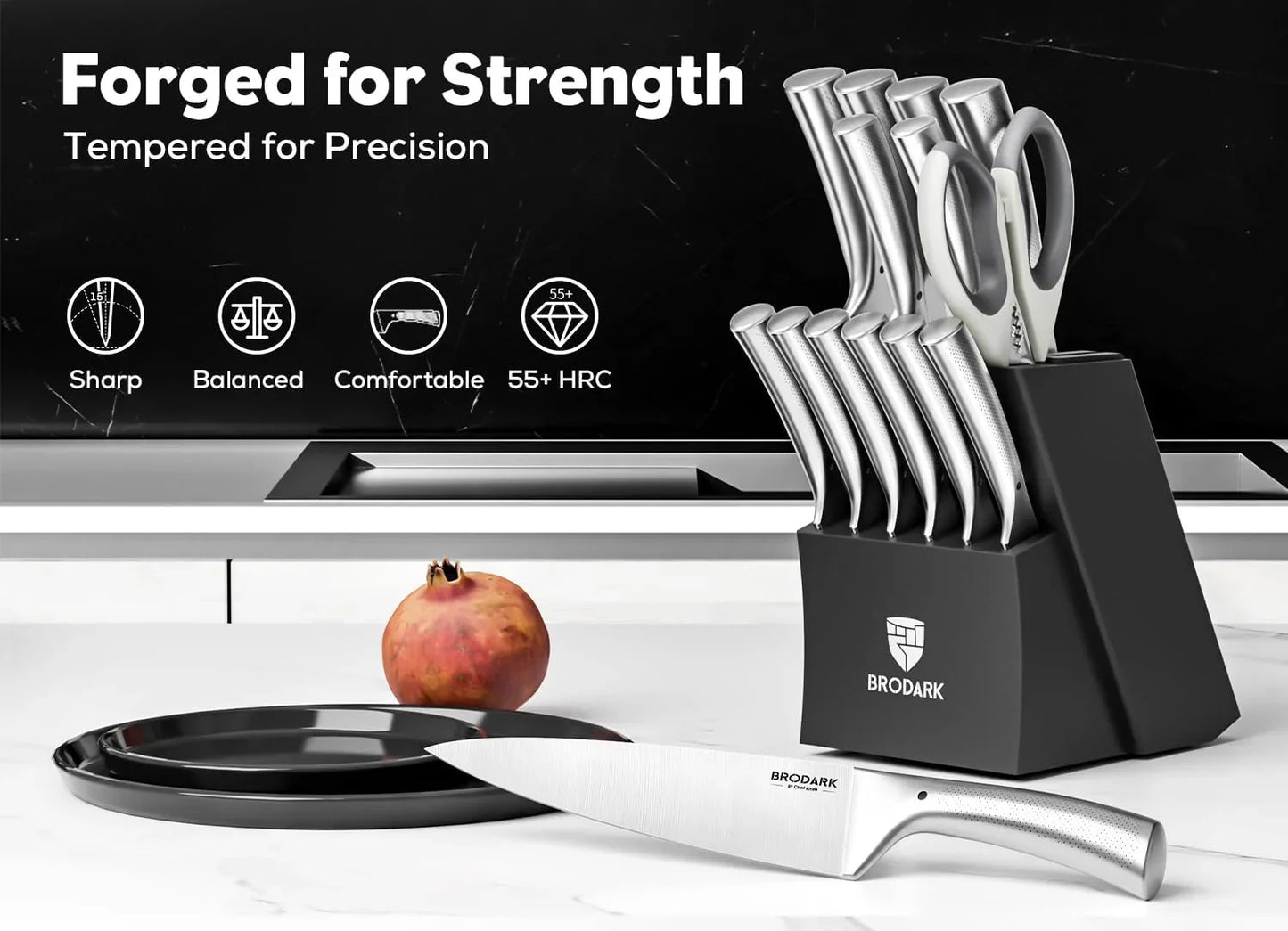 Knife Block Set: Kitchen Knives Set with Block and Sharpener, 15 Pcs Ultra Sharp Chef Knife, High Carbon Stainless Steel, Ergonomic Handle Non-Slip Grip, Silver Wolf Series with Gift Box