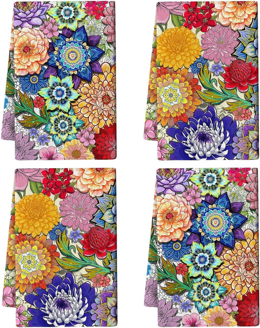 Boho Floral Kitchen Dish Towels Decorative Set of 4, Colorful Kitchen Stuff Hand & Tea Towels for Cleaning Drying, Baking Cooking Lover Gifts for Chef Cooks Women, Housewarming Gifts for Women