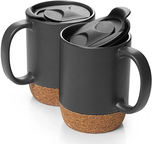 Coffee Mugs, 15 Oz Mug Set of 2, Large Ceramic Coffee Mug with Cork Bottom and Spill Proof Lid for Mom Dad, Big Mug for Latte Tea, Matte Grey