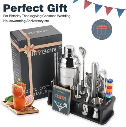 ® 22-Pc Cocktail Shaker Set(24Oz/700Ml) | Mixology Bartender Kit | Bar Tool Set | Martini Making Set with 39-Recipe Cocktail Cards & Kit'S Deco, Bamboo Stand Black Color, Silver Tools
