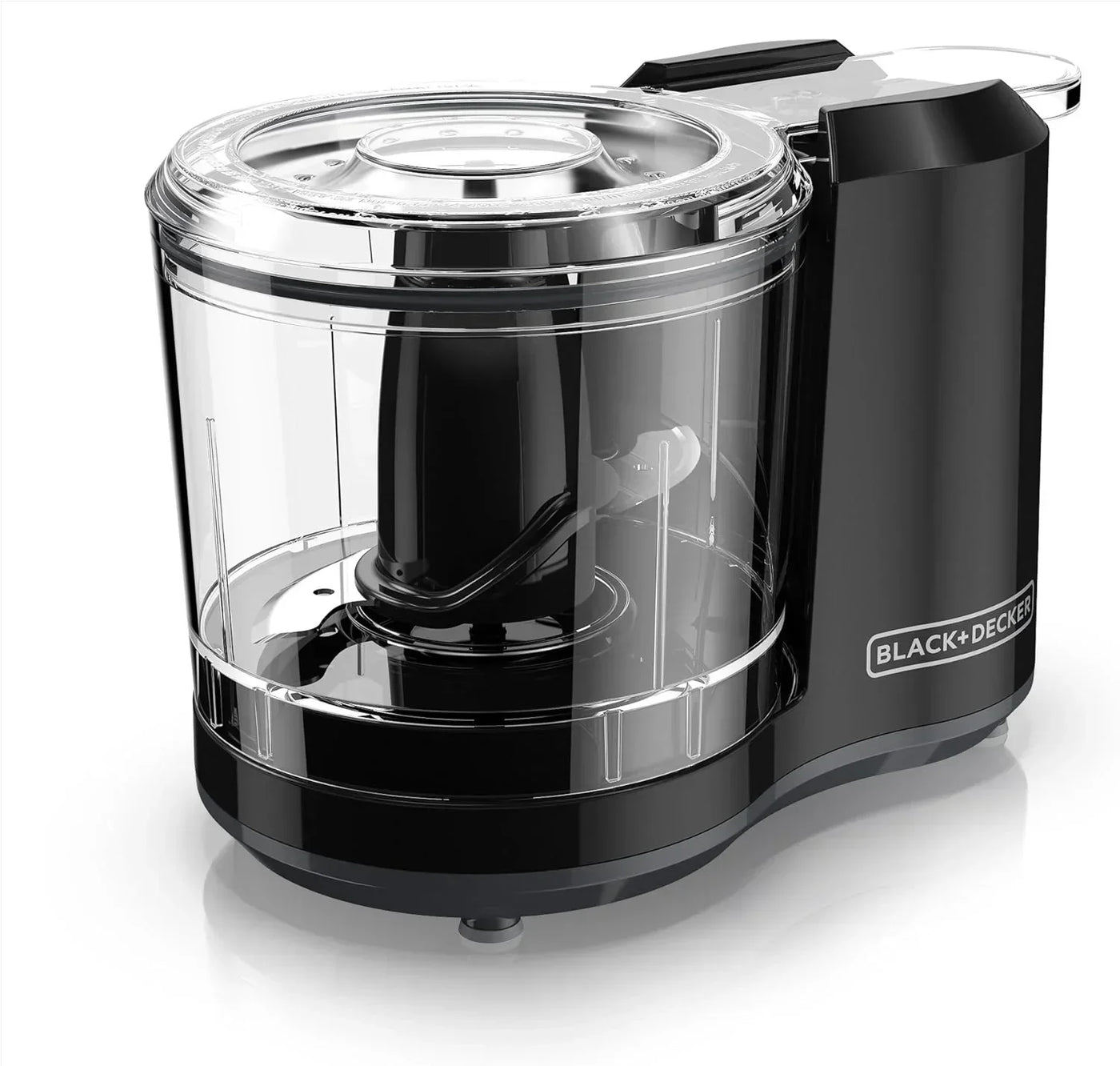 Black+Decker mini food processor with clear bowl for chopping, blending, and kitchen prep tasks