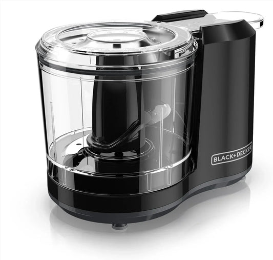 Black+Decker mini food processor with clear bowl for chopping, blending, and kitchen prep tasks