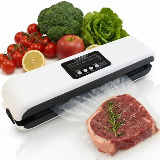 White vacuum sealer with digital controls sealing seasoned steak, surrounded by fresh veggies and fruit for food preservation.
