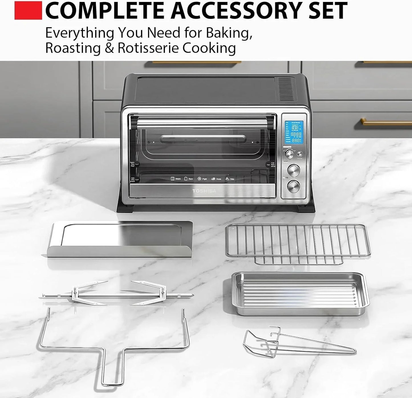 10-In-1 Convection Toaster Oven, 6-Slice Countertop Oven, 1500W with Toast, Bake, Broil, Rotisserie & Pizza Functions, LCD Knob Controls, 6 Accessories, Stainless Steel