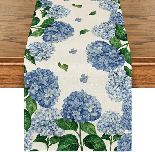 Watercolor Hydrangea Table Runner, Spring Summer Seasonal Kitchen Dining Table Decoration for Indoor Outdoor Home Party Decor 13 X 72 Inch