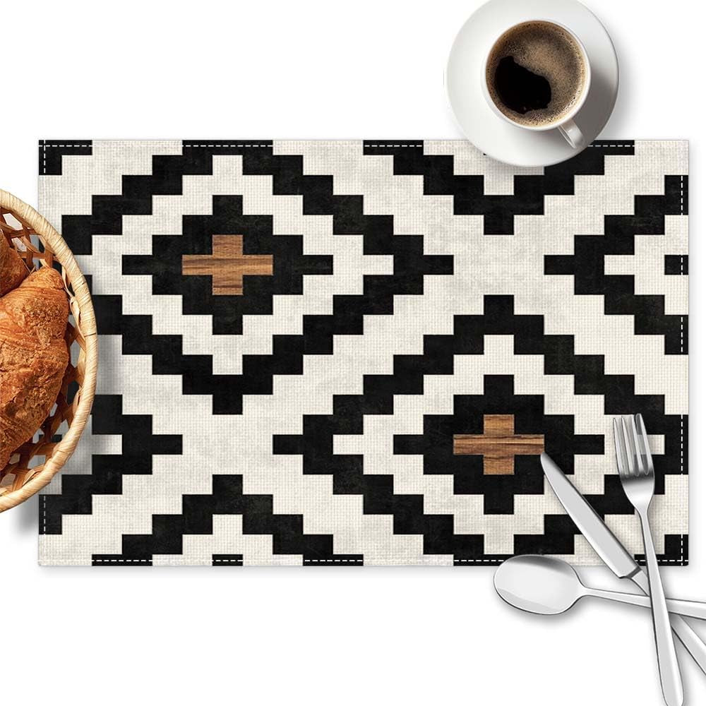 Geometric Black Brown Placemats Set of 4, 12X18 Inch Waterproof Stain Resistant Tribal Pattern Aztec Boho Western Linen Table Placemats Farmhouse Kitchen Party Decor Home Décor