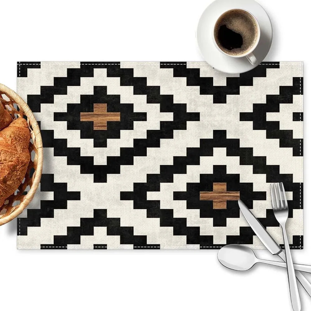 Geometric Black Brown Placemats Set of 4, 12X18 Inch Waterproof Stain Resistant Tribal Pattern Aztec Boho Western Linen Table Placemats Farmhouse Kitchen Party Decor Home Décor