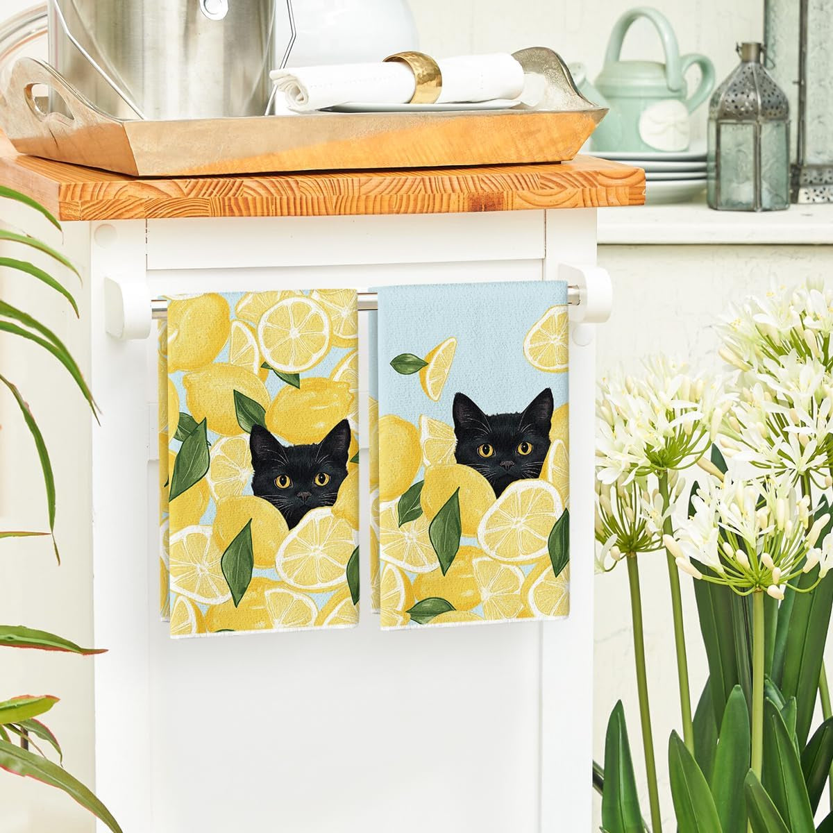 Yellow Lemon Black Cat Summer Kitchen Towels Dish Towels, 18X26 Inch Leaves Farmhouse Summer Seasonal Decoration Hand Towels Set of 2