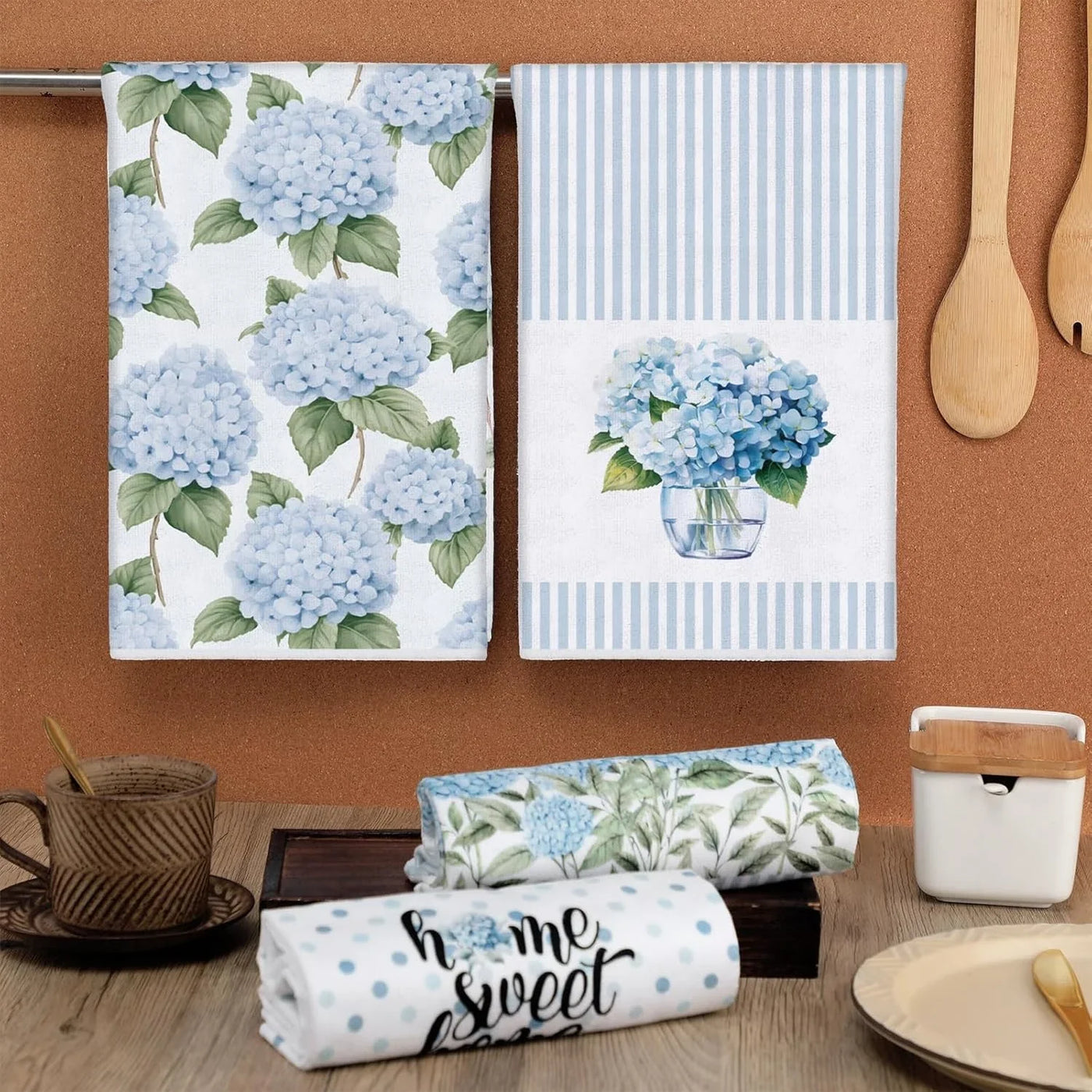 4 Pack Blue Hydrangea Kitchen Hand Towels Farmhouse Blue Hydrangea Decor, 18X26 Inch Summer Flowers Decorative Spring Floral Tea Dish Towels for Kitchen Bathroom