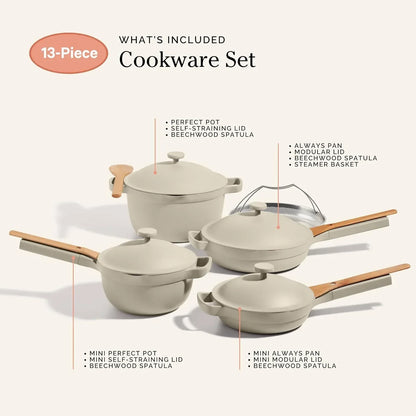 13-piece cookware set with pots, pans, lids, and beechwood spatulas for everyday kitchen use