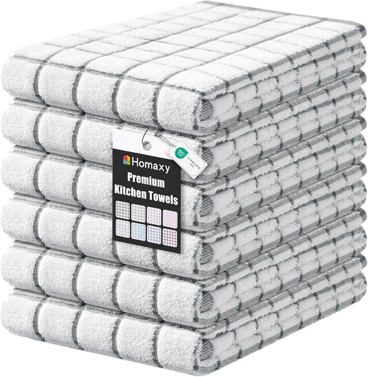 Premium Kitchen Towels(16”X 28”, 6 Pack), Large Ring Spun Cotton Dish Towels, Super Absorbent Soft Terry Kitchen Hand Towels, Check Design Tea Towel Set with Hanging Loop, Grey