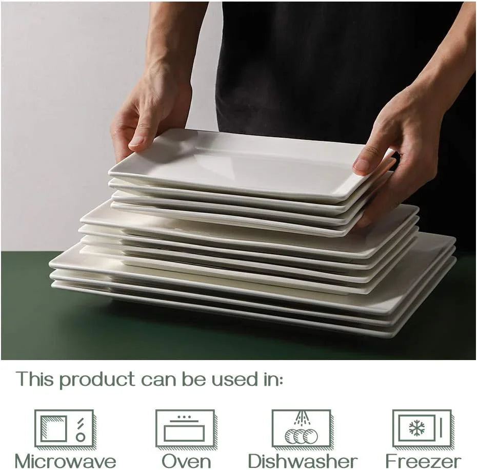 12" Rectangle Plates Set of 4 - White Serving Platters for Party, Wedding, and Entertaining - Rectangular Serving Trays Dishes for Steak, Taco, Sushi, Appetizer, Cake - Dishwasher & Oven Safe