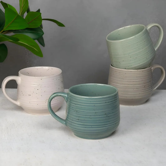 Siterra Artist'S Blend 17 Oz. Stoneware Mug Set- Service for 4, Rustic Design, Green/White/Beige, Scratch-Resistant, Microwave & Dishwasher Safe, for Everyday Dining & Entertainment