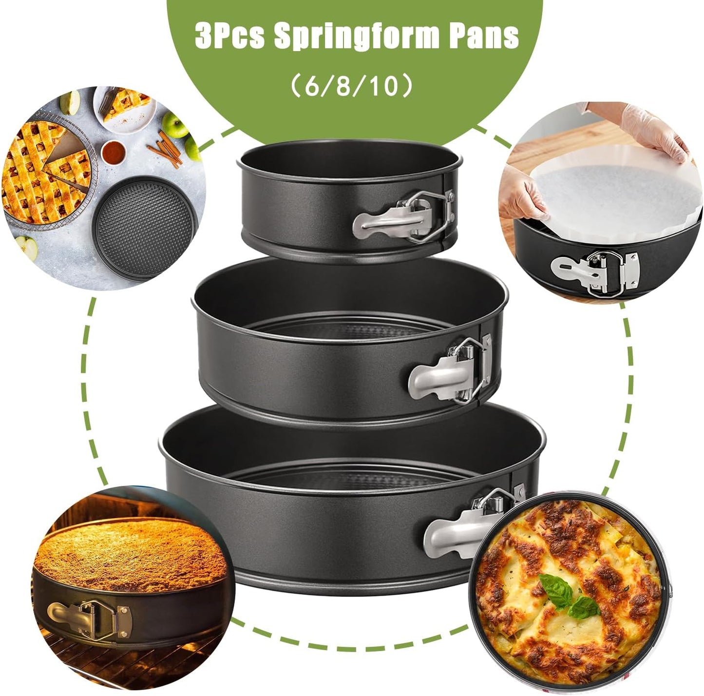 168Pcs Cake Pan Sets for Baking + Cake Decorating Supplies: 3 Non-Stick Springform Pans Set (6, 8, 10 Inches), Icing Tips – Multi-Functional Leak-Proof Cheesecake Pan
