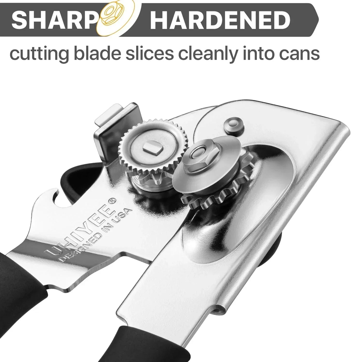 Sharp hardened can opener with smooth cutting blade for clean can slicing