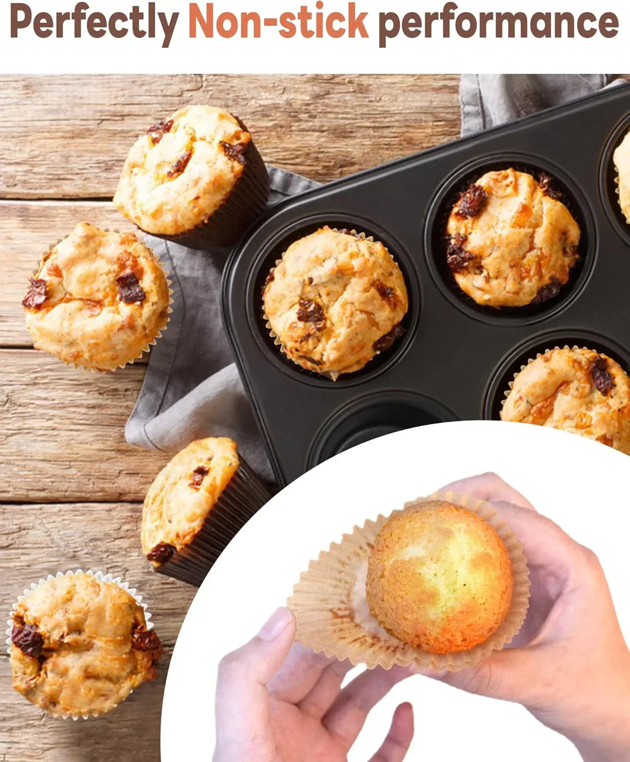 Non-stick muffin pan with golden baked muffins, easy release, perfect for baking and kitchen routines