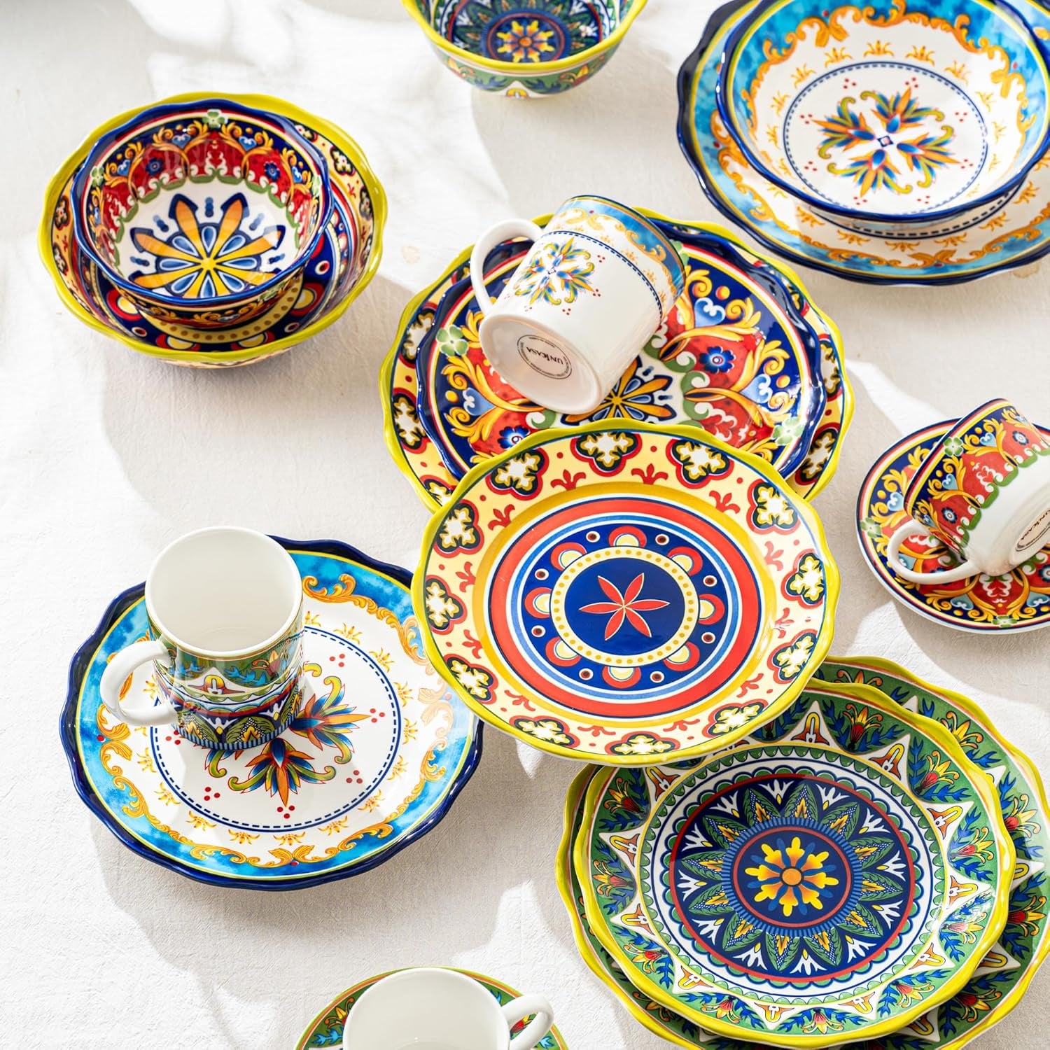 Ceramic Dessert Plate Set of 4, 9 Inch Snack Plates with Scalloped Edges – Serving Dishes for Salad, Cake, Cheese, Vibrant Boho Decoration, Microwave & Dishwasher Safe