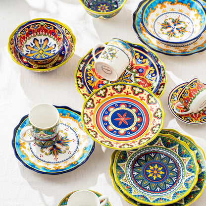 Ceramic Dessert Plate Set of 4, 9 Inch Snack Plates with Scalloped Edges – Serving Dishes for Salad, Cake, Cheese, Vibrant Boho Decoration, Microwave & Dishwasher Safe