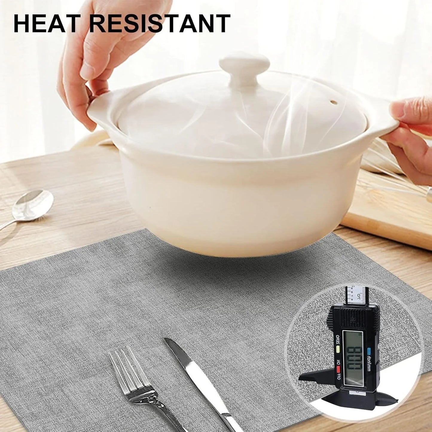 Faux Leather Heat Resistant Placemats 6 Packs, Waterproof Wipeable Dining PU Place Mats for Indoor & Outdoor, Easy to Clean, Light Grey