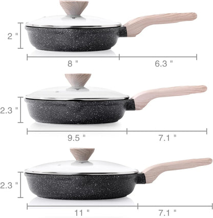 Nonstick Frying Pan Set with Lids, 3 Piece Skillet Set, Healthy Induction Cooking Pan, Stay-Cool Handle, Compatible with All Stovetops, PFOA Free (8, 9.5, 11 Inch)